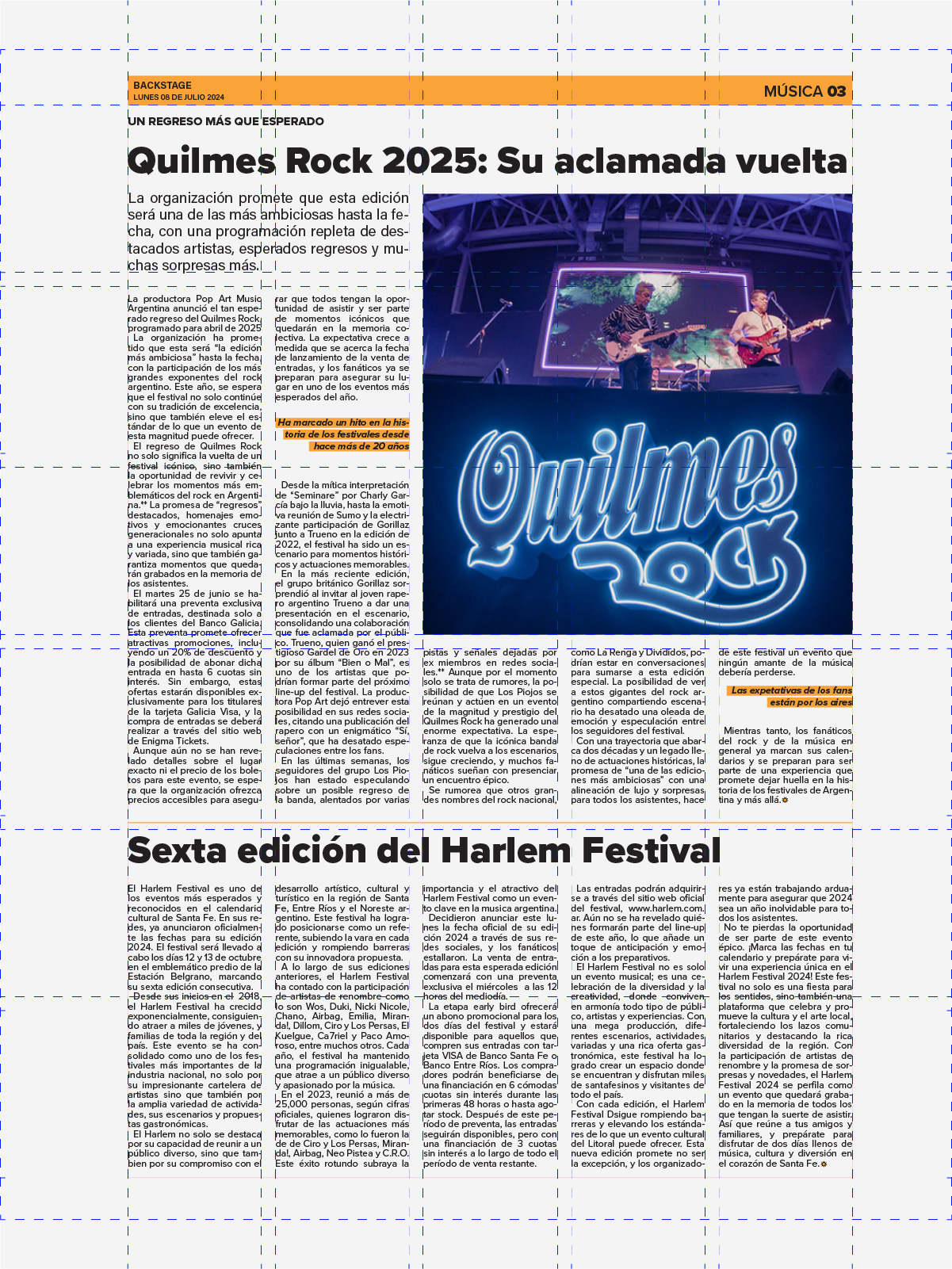 Retícula del diario con las columnas marcadas