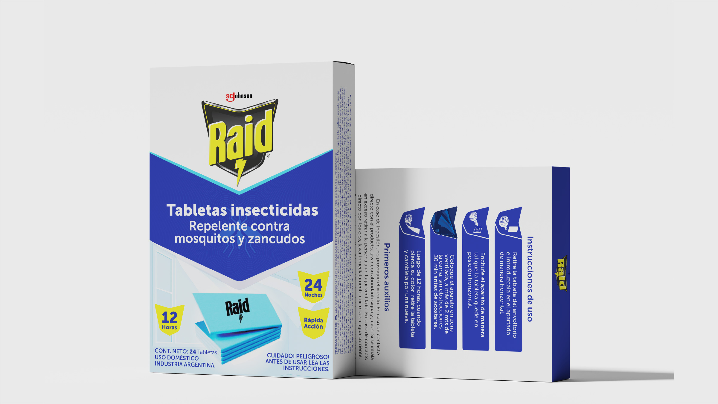 Dos cajas de Tabletas Raid, una de frente armada y otra recostada mostrando el dorso