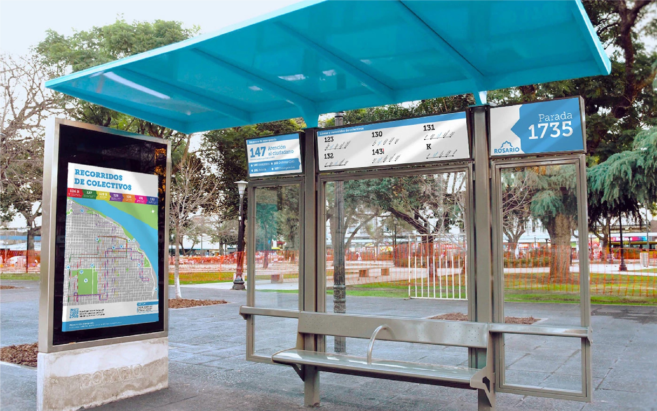Marquesina con el mapa de Rosario y los recorridos de colectivos, frontal a sangre