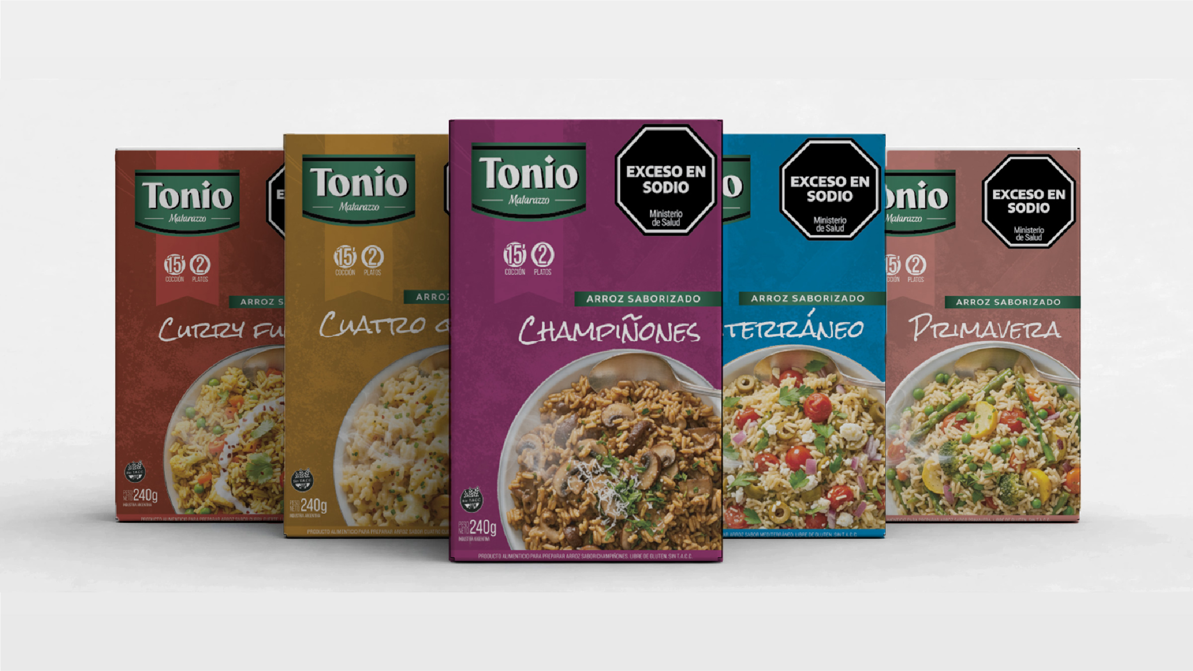 Las cinco cajas de Risotto Tonio en línea, de frente, cortadas por los costados