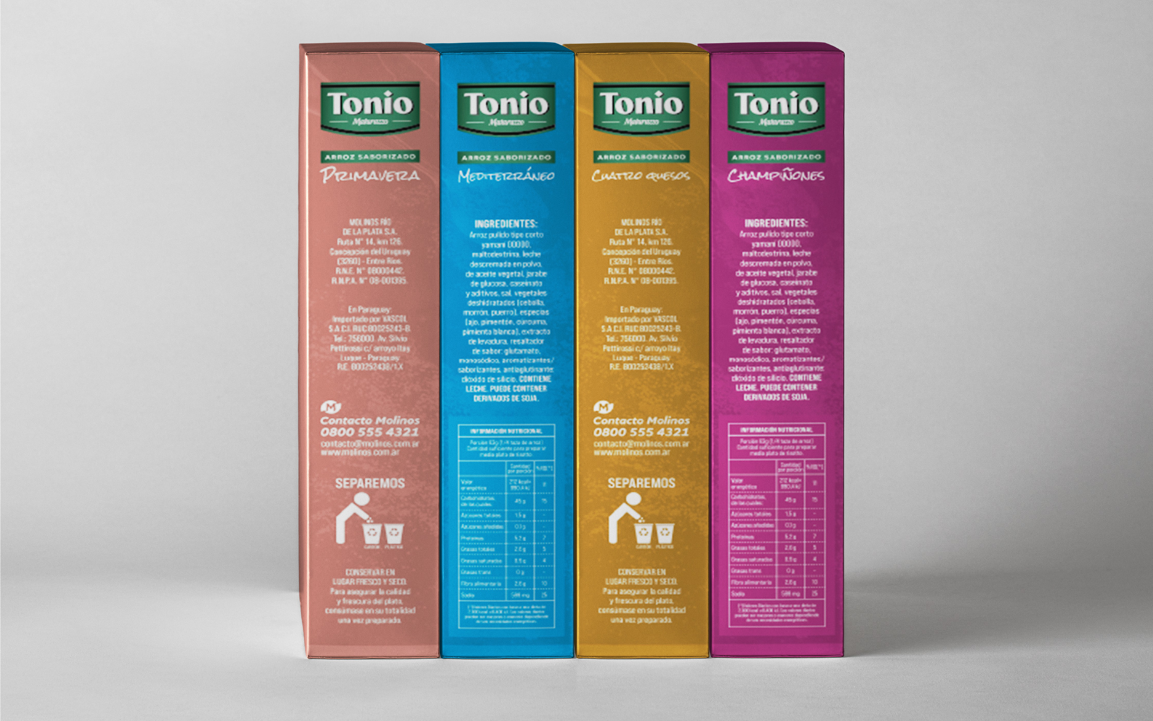 Cuatro cajas de la línea Tonio, en perspectiva lateral, una de cada variedad